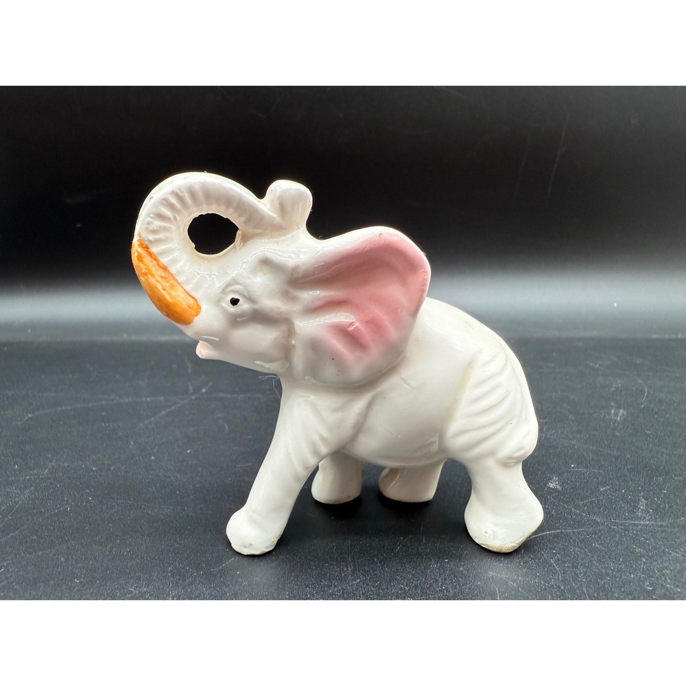 Vintage Ceramic Elephant Figurine White Glaze Trunk Up Japan Pink Orange Lucky